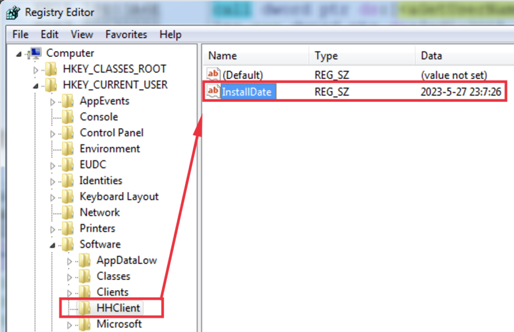 The RAT sets a string value ‘InstallDate’ to the current date to update the time of its installation 