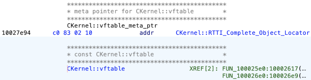 RTTI information and class descriptions suggest that the main class of the current module is named “CKernel” 