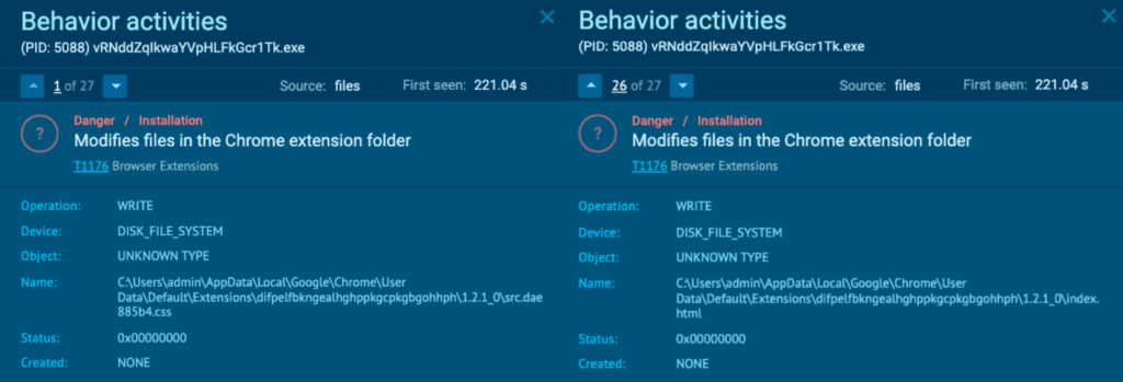 Process 5088 is seen modifying files in the Chrome extension folder