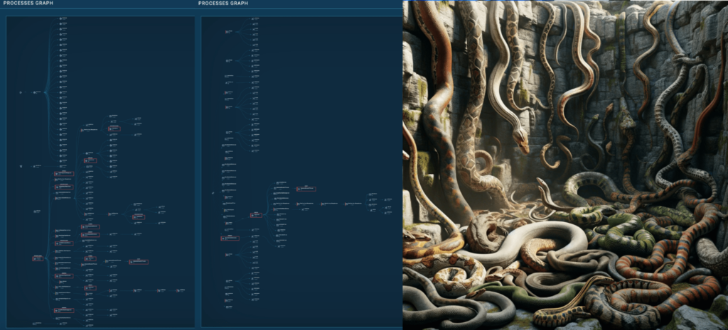 The CrackedCantil Process Tree and an image of a Snake Pit generated by OpenAI