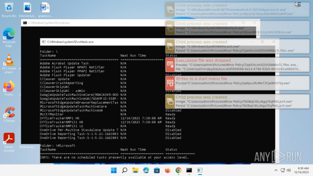 The “cmd.exe” and “schtasks.exe” windows pop up after executing “setup.exe”