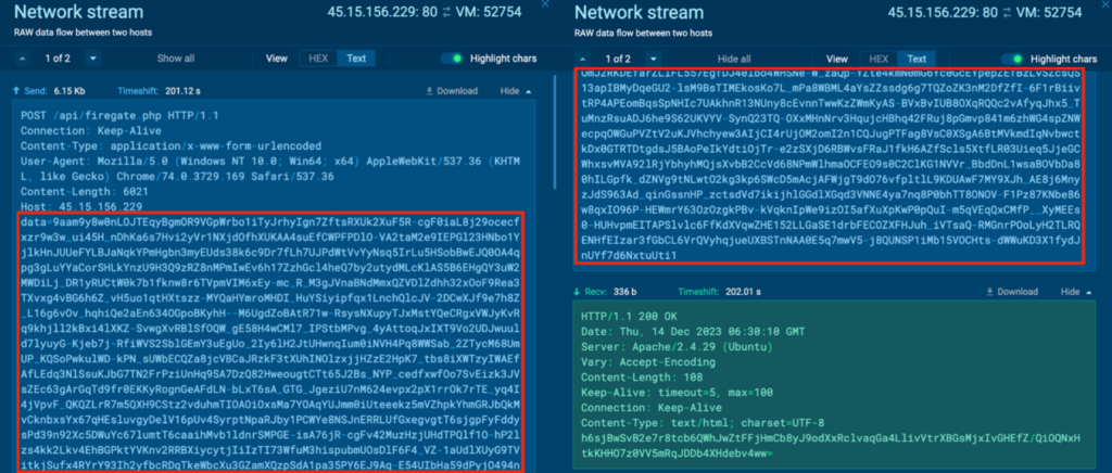 The Network Stream for Process 1916 between 45.15.156[.]229:80 and VM:52754