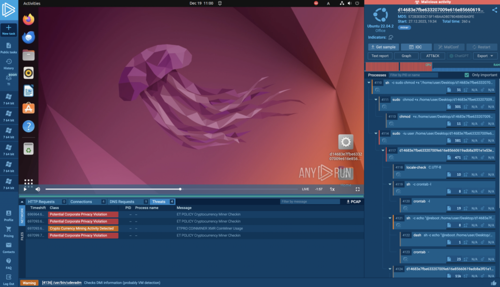 Linux VM running in ANY.RUN — a miner is detected on Linux 