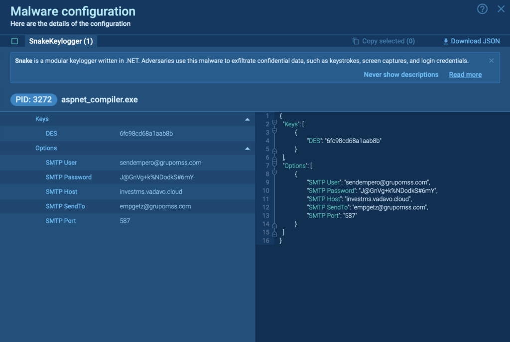 Snake Keylogger in ANY.RUN sandbox 