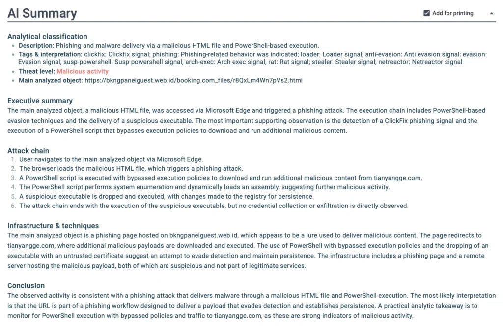 AI Summary inside Tier 1 reports, giving a complete description of the attack