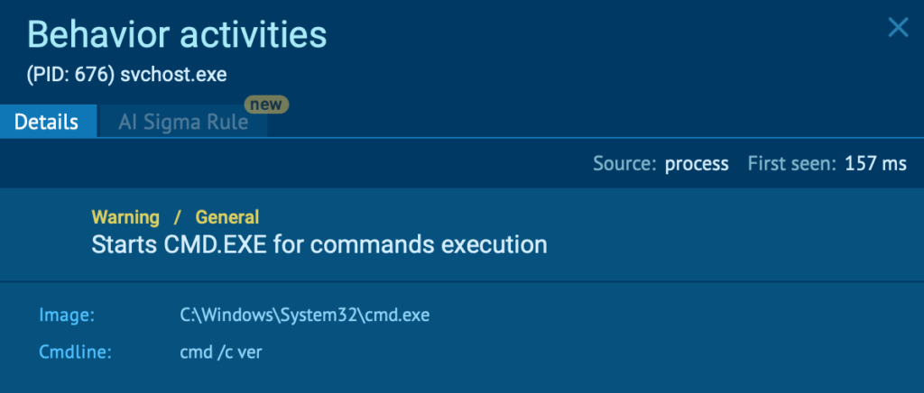 svchost.exe spawning cmd.exe to execute system commands