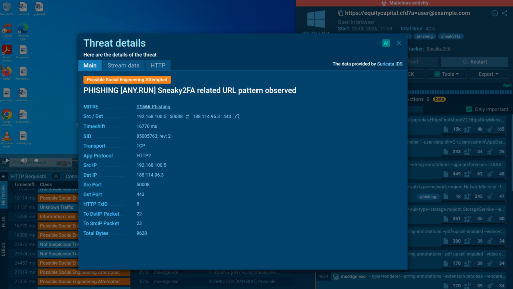 A triggered Suricata IDS rule exposes the link as malicious
