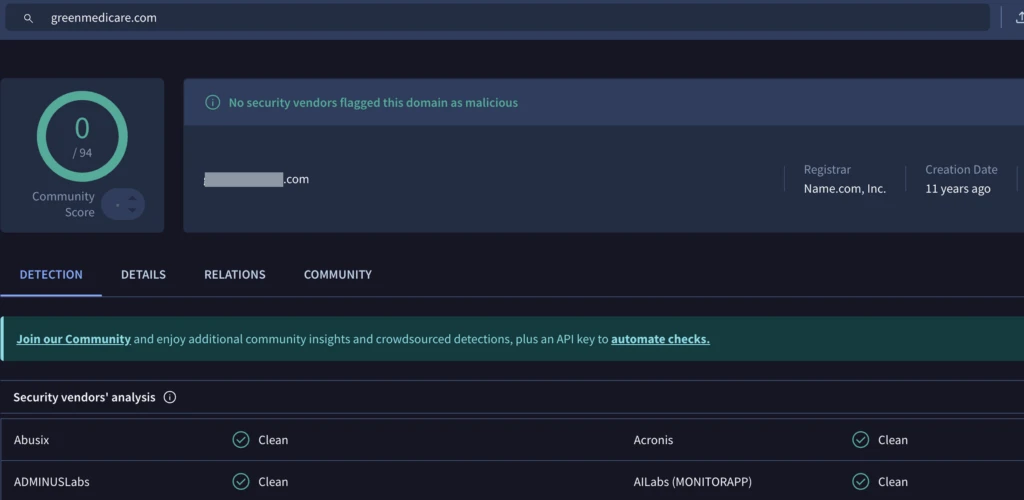 VirusTotal did not flag the domain as malicious at the time of analysis 