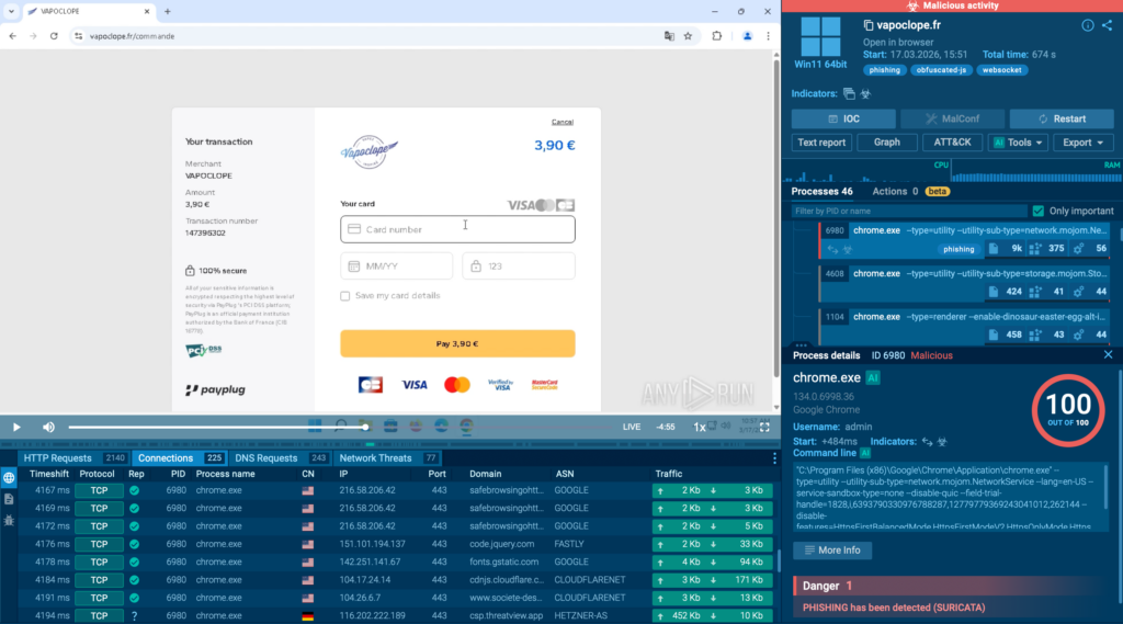 PayPlug SAS payment window imitation displayed inside ANY.RUN sandbox 
