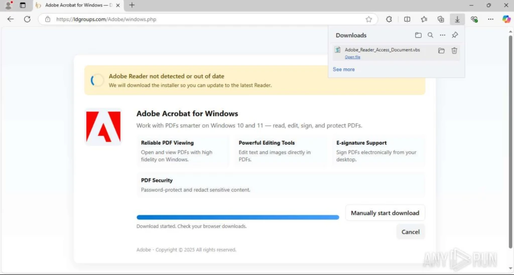 VBS document disguised as an Adobe Acrobat installer