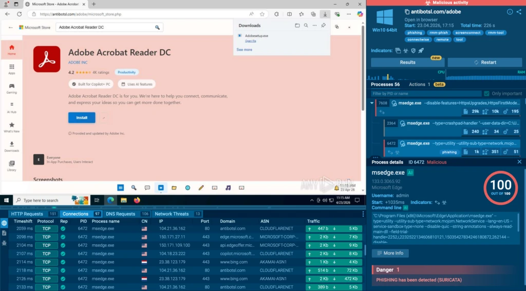 A fake Microsoft Store page with an RMM installer disguised as Adobe 