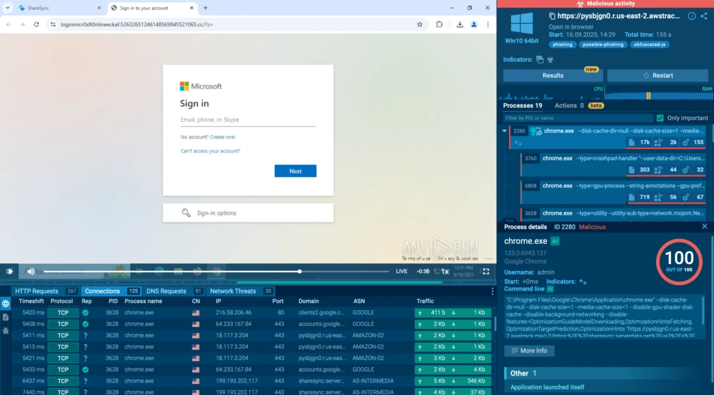 Fake Microsoft login page exposed inside ANY.RUN sandbox