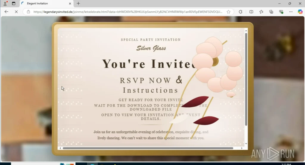Fake invitation used as a lure, exposed inside ANY.RUN sandbox