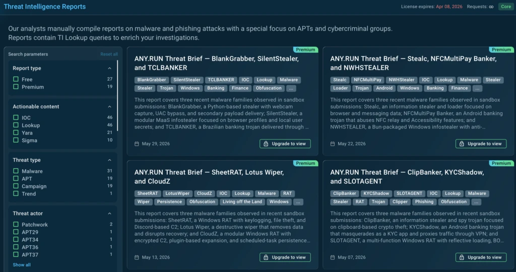 Threat Intelligence Reports available for deeper analysis