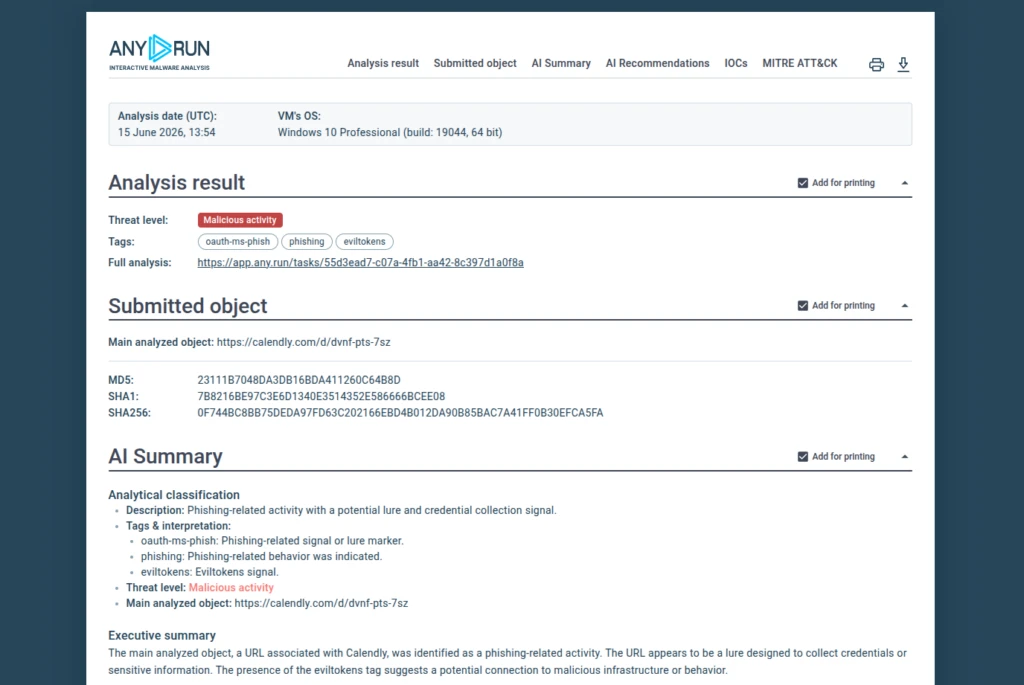 Tier 1 report with relevant IOCs, TTPs, AI summary, recommendations and more for faster triage and response