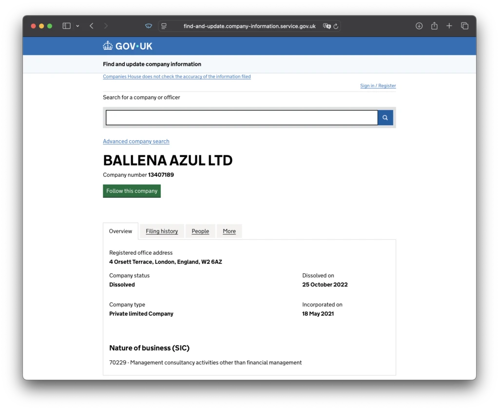 Ballena Azul LTD registration in the UK