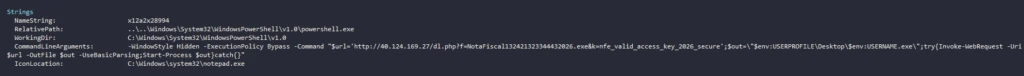 The shortcut's real payload is a hidden PowerShell downloader - nothing in the shortcut's icon or name hints at this.