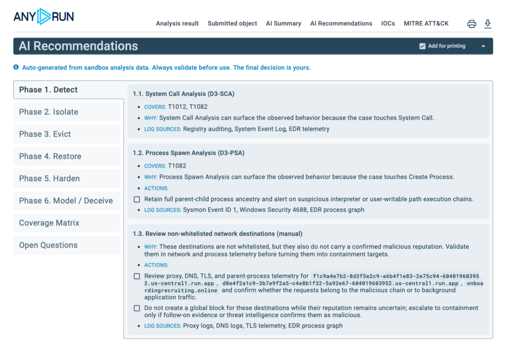 AI recommendations displayed inside Tier 1 reports