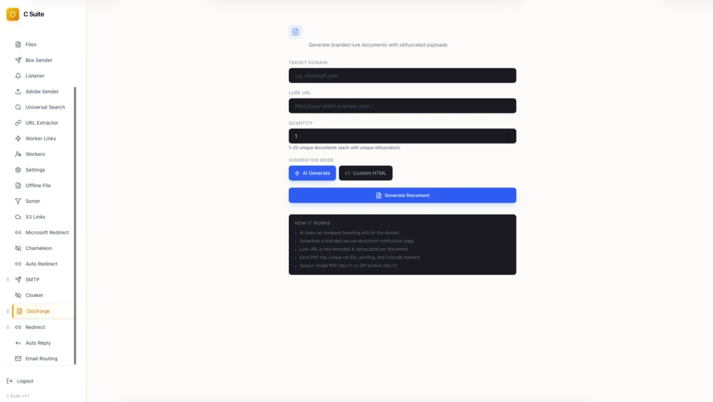 DocForge, which generates branded lure documents around an obfuscated payload URL