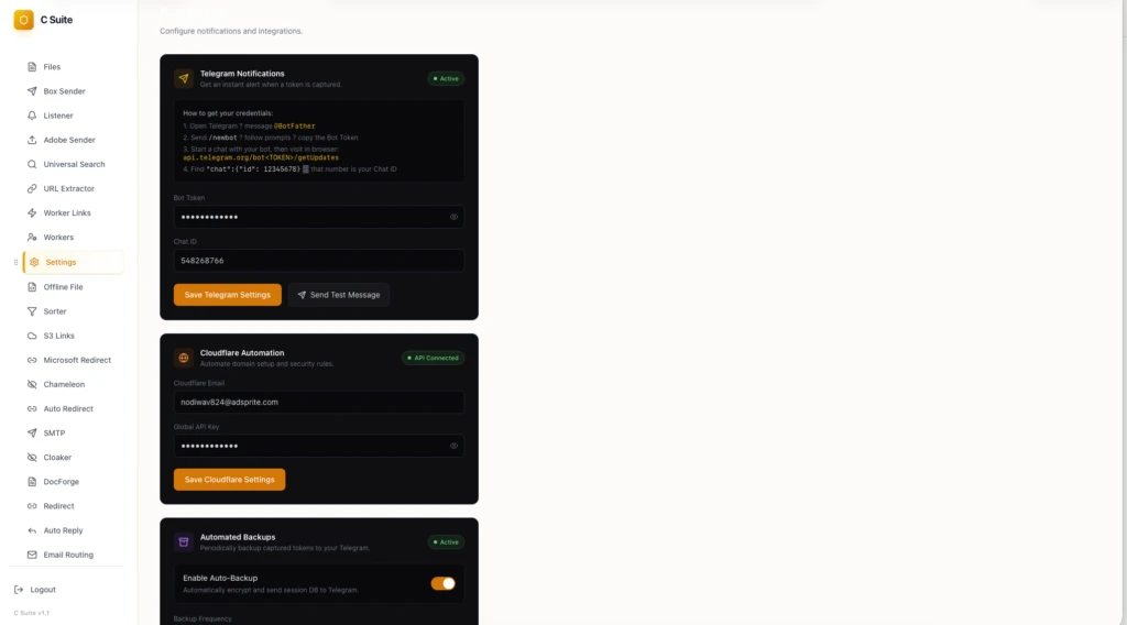 Settings: operator notifications, Cloudflare automation bound to the operator’s own account, and scheduled off-panel backup of the session database. 