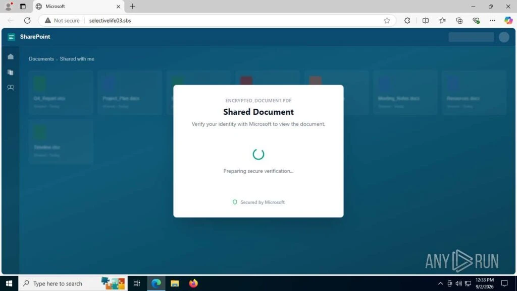 The example of Device Code Phishing with SharePoint lure page