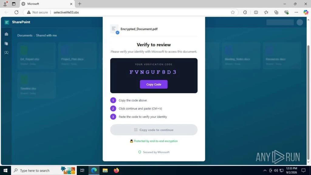 The example of Device Code Phishing with SharePoint lure page 