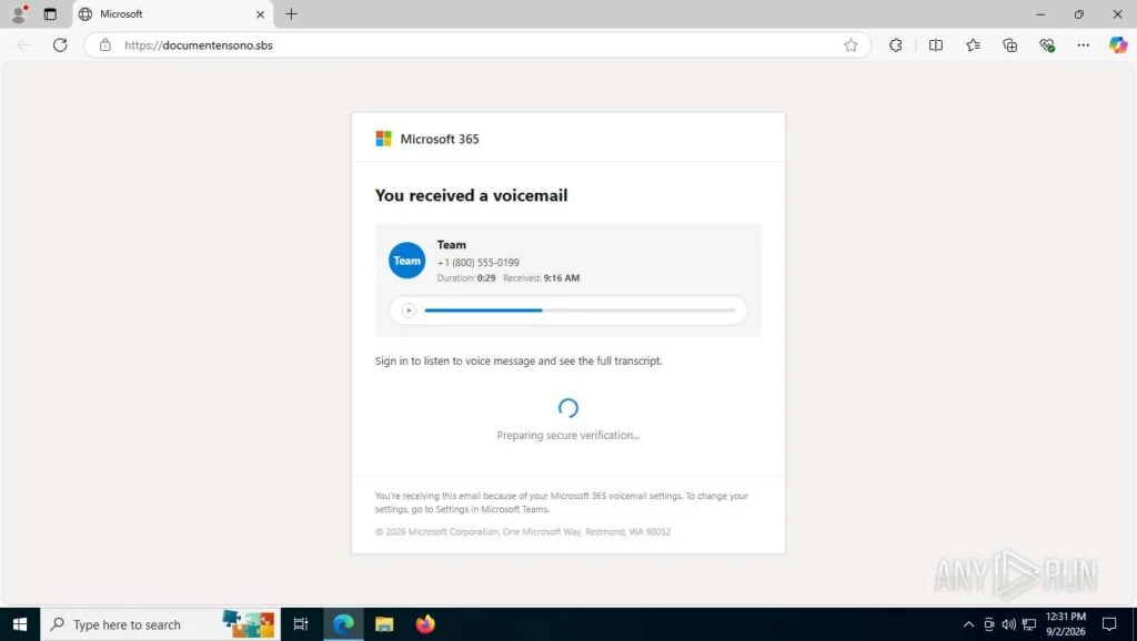 The example of Device Code Phishing with Microsoft Voicemail lure page