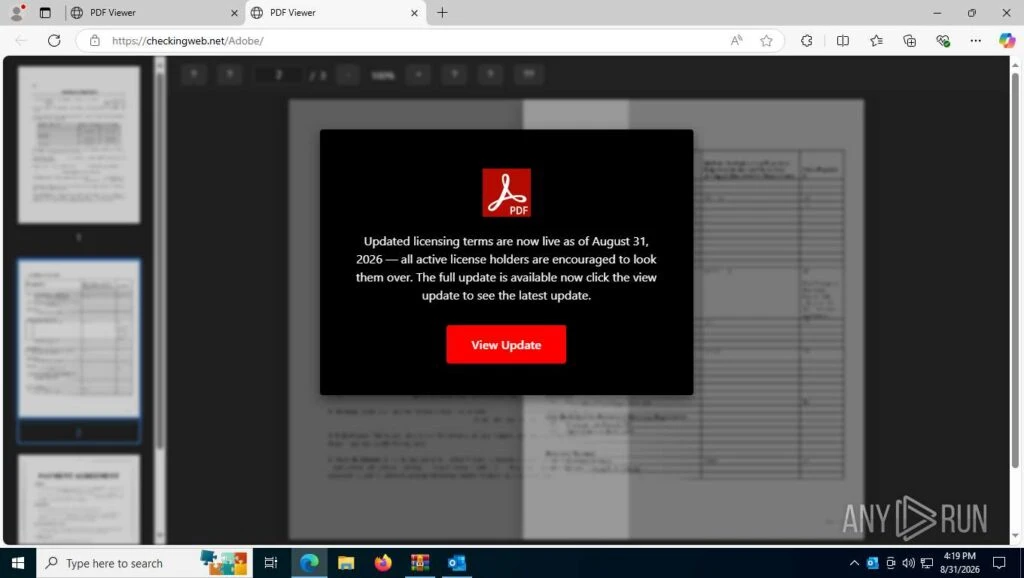 Counterfeit PDF viewer with the update prompt