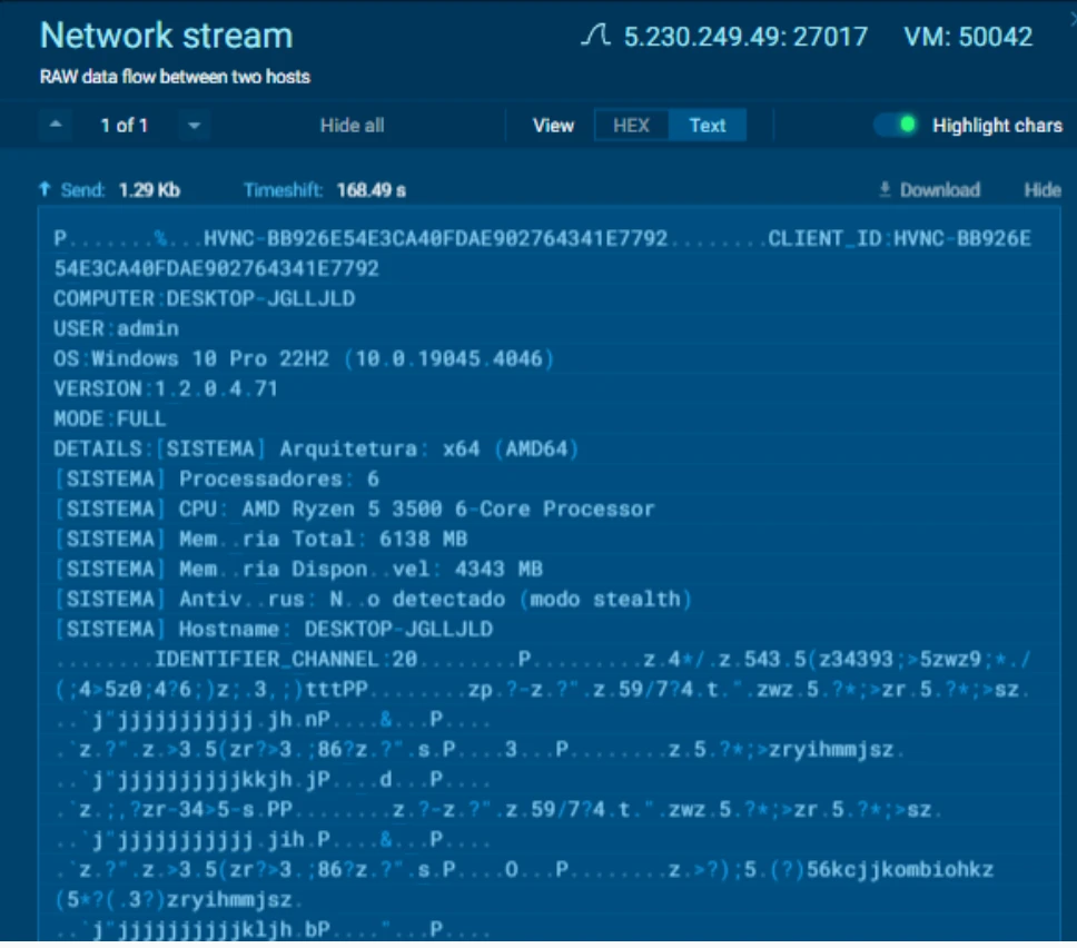 The malware's own check-in banner - captured live via - confirms the HVNC architecture and shows exactly what gets reported to the attacker for every new victim.