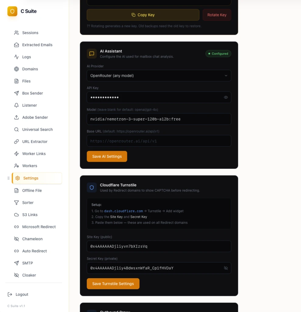 Settings: an OpenRouter assistant configured with nvidia/nemotron-3-super-120b-a12b, alongside the operator’s Cloudflare Turnstile site and secret keys