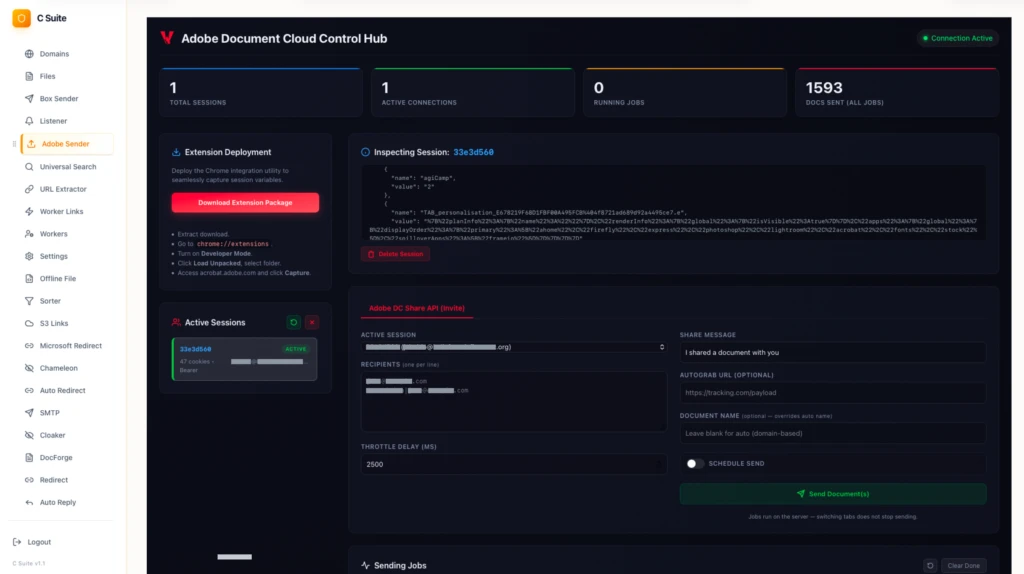 The Adobe Sender module, an Adobe Document Cloud control hub: 1,593 documents sent across all jobs, with the share-invite form on the right