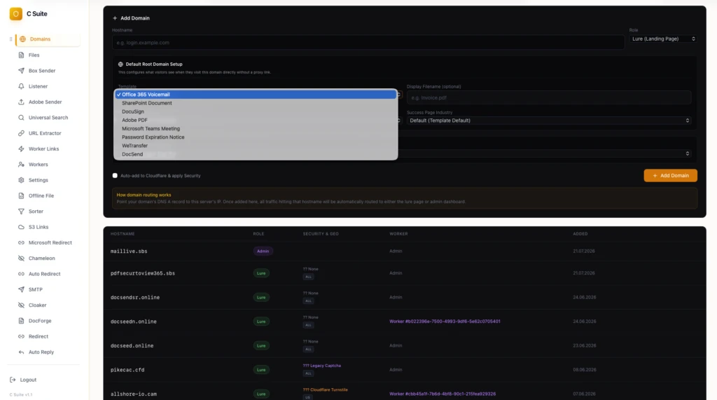The add-domain form, with the landing template list: Office 365 Voicemail, SharePoint, DocuSign, Adobe PDF and Teams