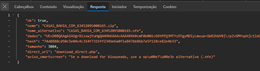 Instead of a direct file link, the server returns the payload base64-encoded inside a JSON response - a simple but effective trick against extension- and URL-based filtering.