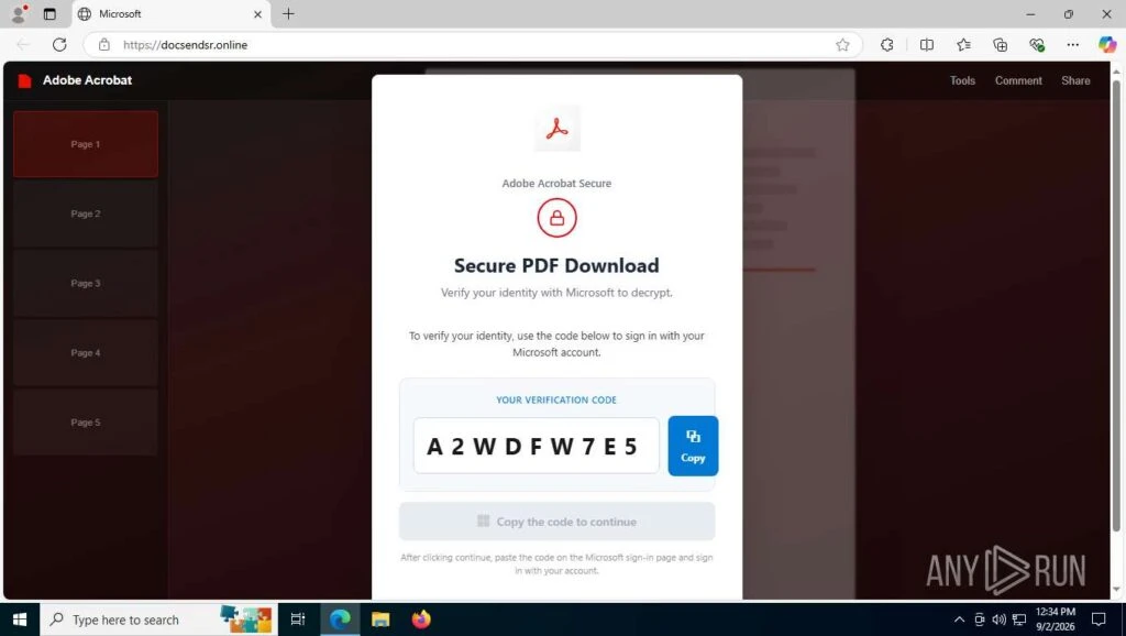 Fake verification code displayed inside ANY.RUN sandbox 
