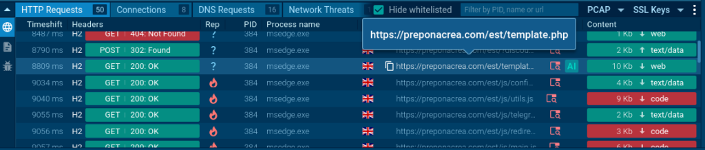 HTTP requests displayed inside ANY.RUN sandbox 