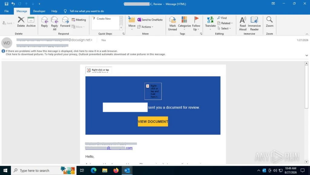 The lure mail: a forged DocuSign envelope in the name of a law firm, with one call to action.