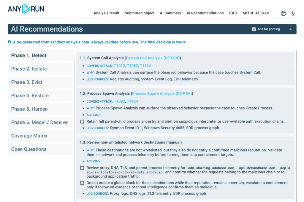 AI Recommendations generated for the phishing investigation