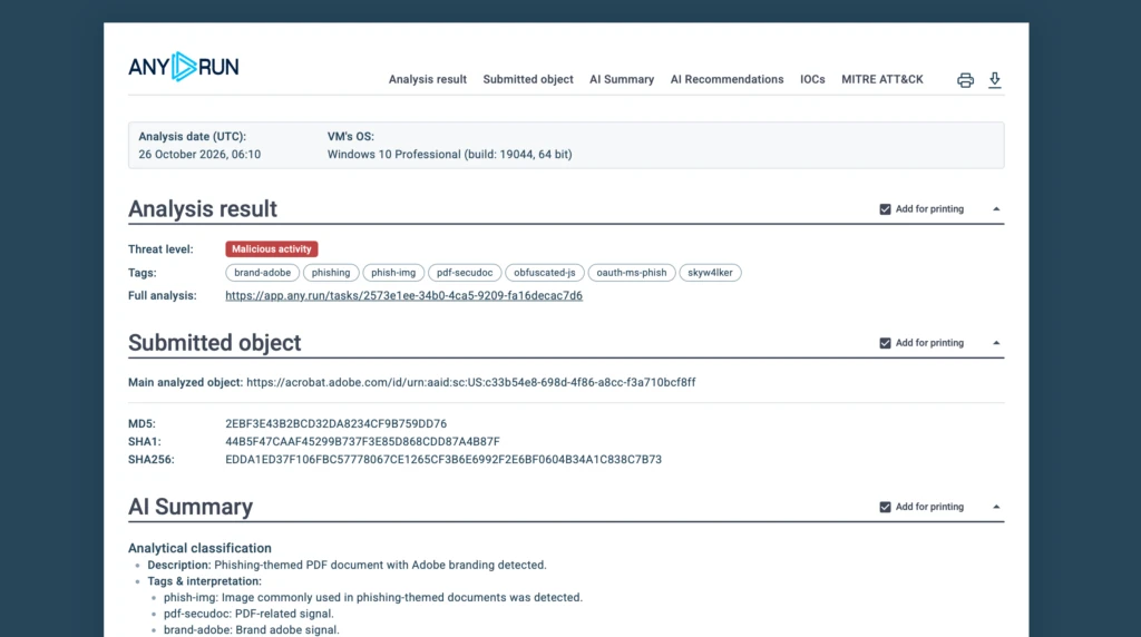 AI-powered Tier 1 report with summary and SOC recommendations