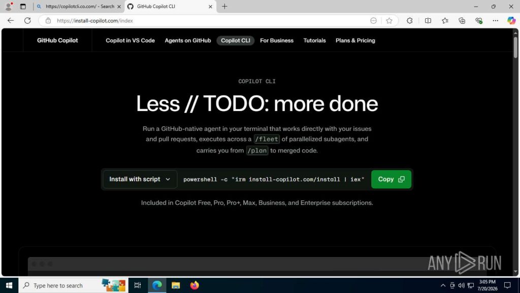 The page looks like the Copilot CLI landing page, but the one-liner pulls a script from the attacker's domain 