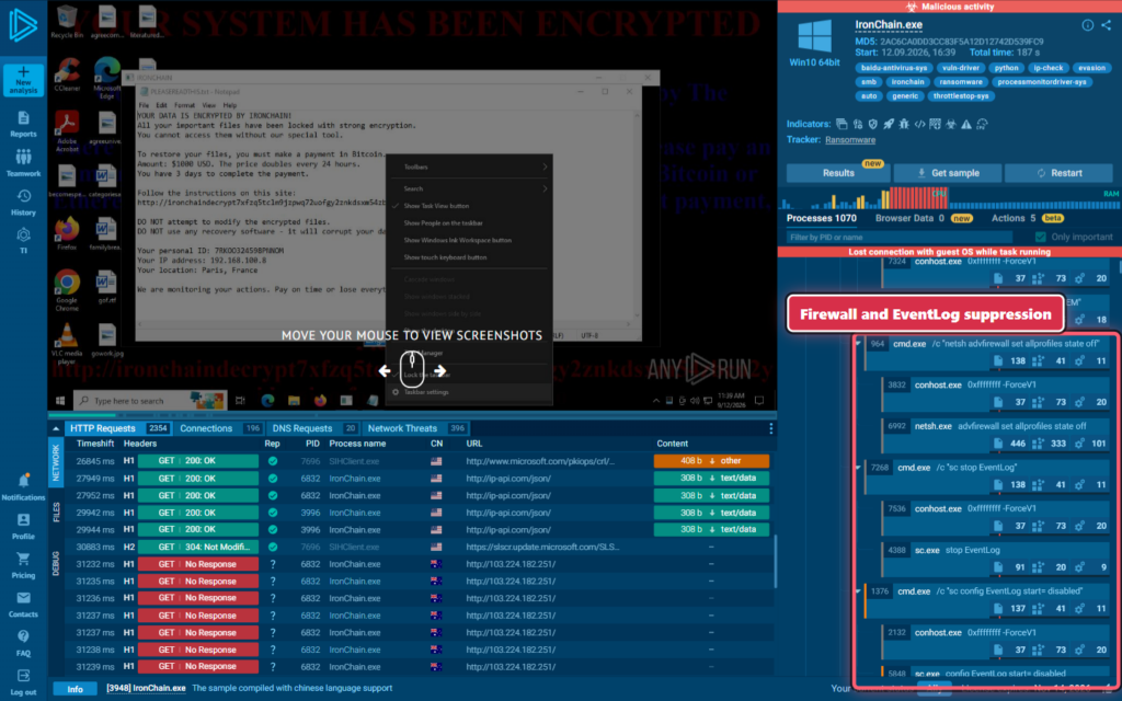Firewall and service-suppression commands are visible in the public sandbox session.