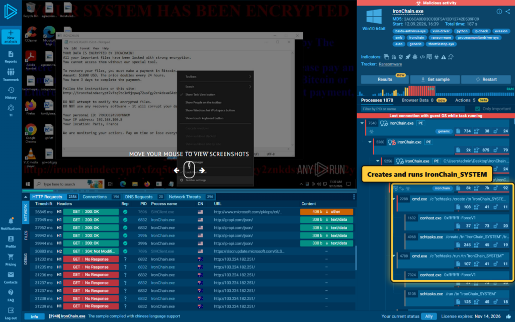 The task records creation and execution of the `IronChain_SYSTEM` scheduled task. 