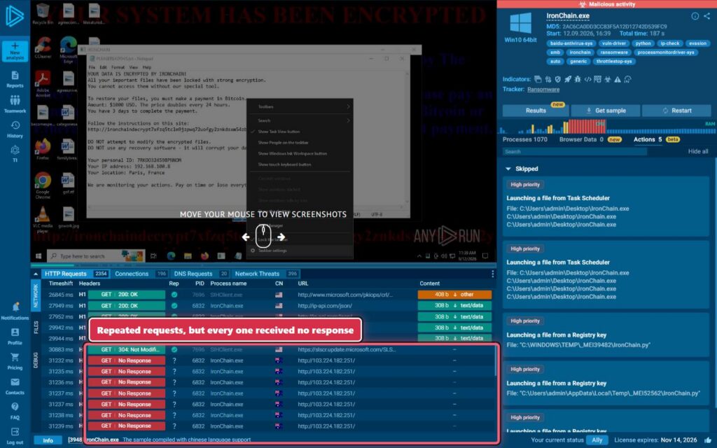 The direct-IP requests received no response in the sandbox session. 