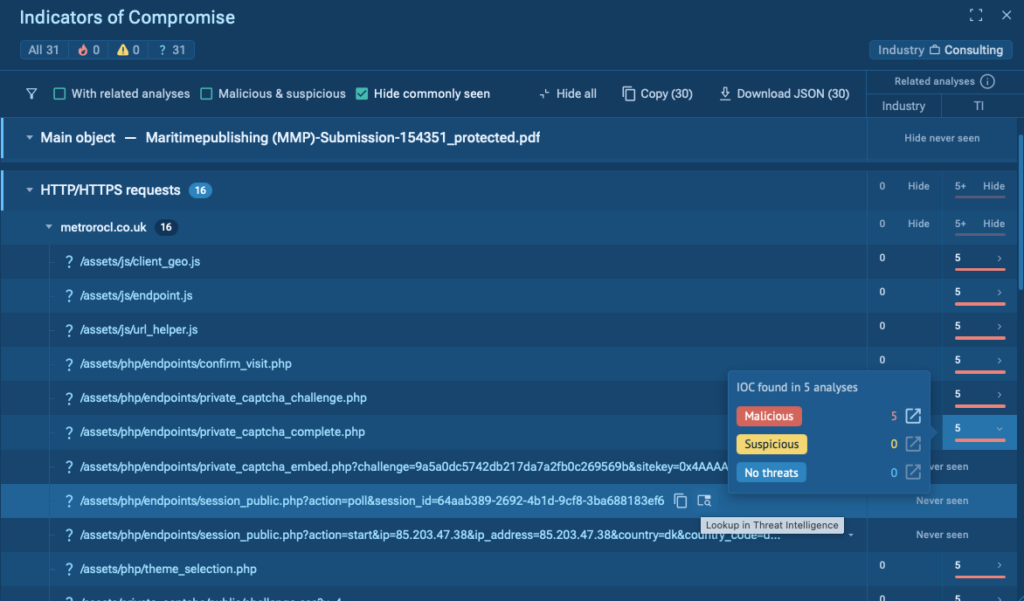 Related Threat Context window with similar URLs in other analyses