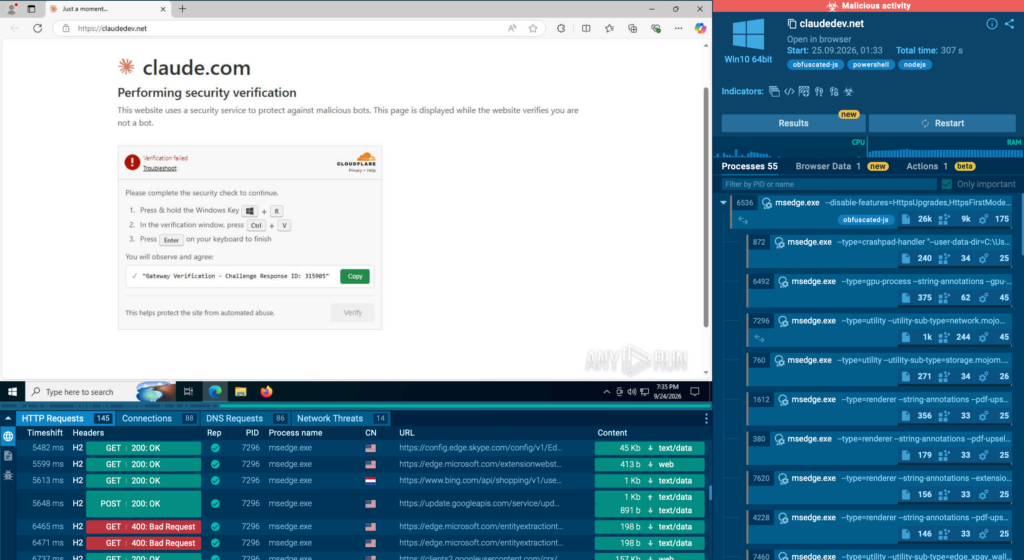 Fake CloudFlare check analyzed inside ANY.RUN sandbox