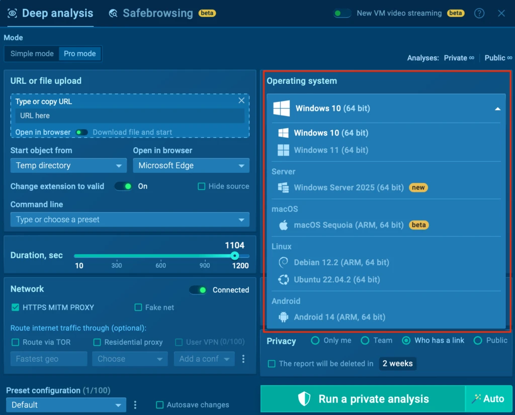 Supported operating systems displayed inside ANY.RUN 